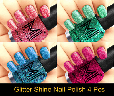 

MI FASHION Platinum Collection 12 ml each Set of 4 Glitter High Shine Long Lasting Nail Polish Colors at Your Fingertips Pink, Radium, Sky Blue, Magenta(Pack of 4)