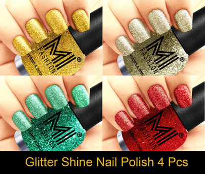

MI FASHION Platinum Collection 12 ml each Set of 4 Glitter High Shine Long Lasting Nail Polish Colors at Your Fingertips Golden Gold, Silver Gold, Radium, Red(Pack of 4)