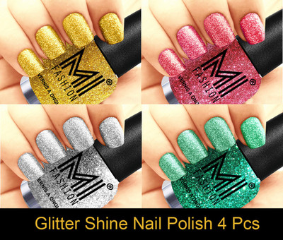 

MI FASHION Platinum Collection 12 ml each Set of 4 Glitter High Shine Long Lasting Nail Polish Colors at Your Fingertips Golden Gold, Pink, Silver, Radium(Pack of 4)