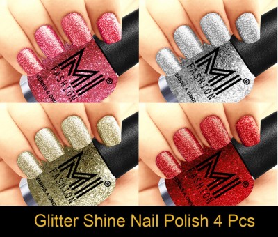 MI FASHION Platinum Collection 12 ml each Set of 4 Glitter High Shine Long Lasting Nail Polish Colors at Your Fingertips Combo No-23 Pink, Silver, Silver Gold, Red(Pack of 4)