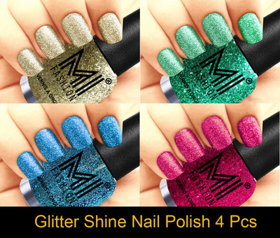 

MI FASHION Platinum Collection 12 ml each Set of 4 Glitter High Shine Long Lasting Nail Polish Colors at Your Fingertips Silver Gold, Radium, Sky Blue, Magenta(Pack of 4)