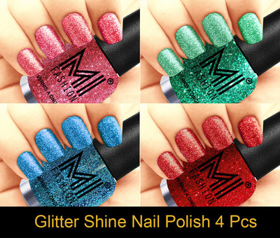 

MI FASHION Platinum Collection 12 ml each Set of 4 Glitter High Shine Long Lasting Nail Polish Colors at Your Fingertips Pink, Radium, Sky Blue, Red(Pack of 4)