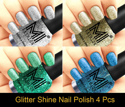 

MI FASHION Platinum Collection 12 ml each Set of 4 Glitter High Shine Long Lasting Nail Polish Colors at Your Fingertips Silver, Silver Gold, Radium, Sky Blue(Pack of 4)