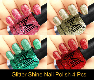 

MI FASHION Platinum Collection 12 ml each Set of 4 Glitter High Shine Long Lasting Nail Polish Colors at Your Fingertips Pink, Silver Gold, Radium, Red(Pack of 4)