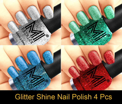 

MI FASHION Platinum Collection 12 ml each Set of 4 Glitter High Shine Long Lasting Nail Polish Colors at Your Fingertips Silver, Radium, Sky Blue, Red(Pack of 4)