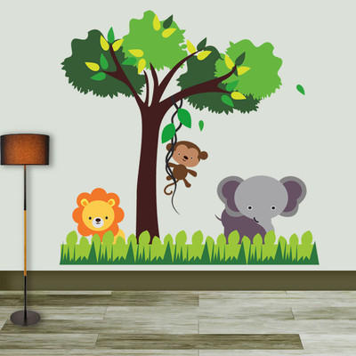 new way decals 1 cm jungle animals playing in their kingdom of forest Removable Sticker(Pack of 1)