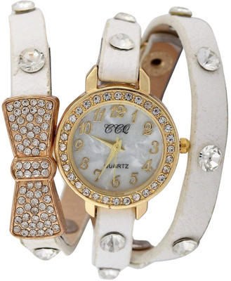 

Genevaa Designer Shining Diamond Butterfly White Leather Long Strap Watch - For Girls