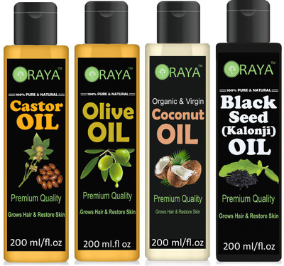 

ORAYA 100% Pure & Natural Castor OIL ,Extra Light Olive Oil, Coconut Oil, And Blackseed ( Kalonji) Combo pack of 4 bottle of 200 ml(800 ml) (800 ml) Hair Oil(800 ml)
