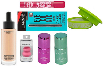 

Ultimate Sponge Puff, Mirror Nail Polish Pack of 2, Eyeconic Kajal, Studiop Waterwieght Foundation, Baby Lips, Nail Polish Remover(Set of 8)