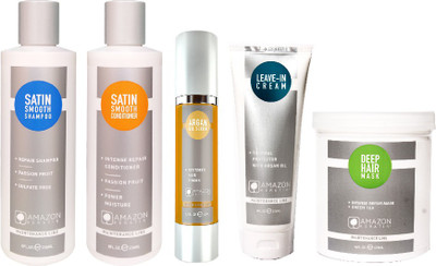 

AMAZON KERATIN Satin Smooth Shampoo, Satin Smooth Conditioner, Deep Hair Mask, Argan Oil Serum, Leave-in Cream(Set of 5)