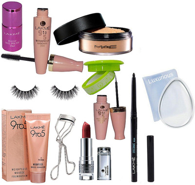 

luxurious Silicon puff,Loose powder,9to5 Eyeliner & mascara,enrich lipstick,mirror nail paint,nail paint remover,Eyelashes,weightless mousse foundation,Eyelashes curler,Eyeconic kajal(Set of 11)