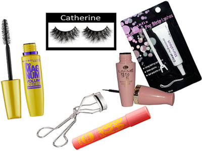 

catherine Eyelashes & Waterproof Mascara, Wow Cherry Lipbalm, Eyelashes Glue, Curler, 9to5 Eyeliner(Set of 6)