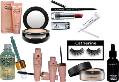 

catherine Eyelashes & Pressed Powder Compact, Hyper Real Foundation, Loose Powder, Eyelashes Glue, 9 to 5 Mousse, Face Serum, Waterproof Mascara And Eyeliner, Enrich Lipstick, Eyeconic kajal(Set of 11)