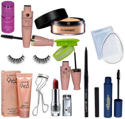 

luxurious Silicon puff,Loose powder,Padma mascara,9to5 Eyeliner & mascara,enrich lipstick,mirror nail paint,nail paint remover,Eyelashes,weightless mousse foundation,Eyelashes curler,Eyeconic kajal(Set of 12)