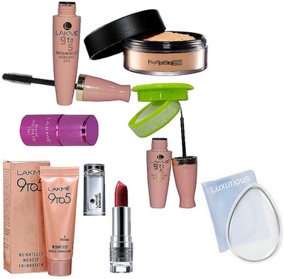 

luxurious Silicon puff,Loose powder,9to5 Eyeliner & mascara,enrich lipstick,mirror nail paint,nail paint remover,weightless mousse foundation(Set of 8)