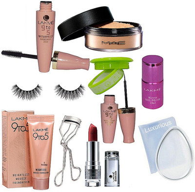 

luxurious Silicon puff,Loose powder,9to5 Eyeliner & mascara,enrich lipstick,mirror nail paint,nail paint remover,Eyelashes,weightless mousse foundation,Eyelashes curler(Set of 10)