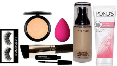 

catherine Eyelashes & Matchmaster Foundation, Pressed Powder Compact, Sponge Puff, Makeup Brush, Mascara, White Beauty Spot-Less Fairness Face Wash(Set of 7)