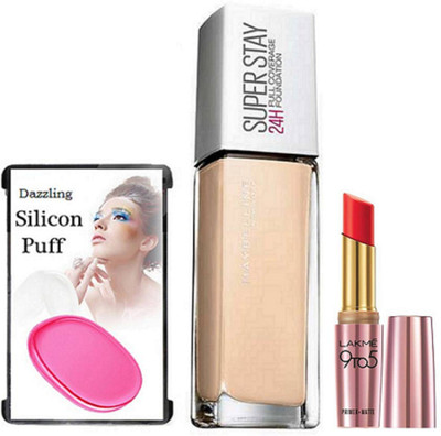 

Dazzling Silicon Puff & super Stay 24H Foundation, 9to5 Primer Plus Matte Lipstick(Set of 3)