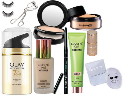 

catherine Silicone Puff, Compact, Loose Powder, Eyelashes Curler, Eyelashes, Naturale Cc Cream, Natueale BI-PHASE Foundation, Eyeconic Kajal, Mirror Nail Paint, Total Effects 7in1 Anti Ageing Cream(Set of 10)