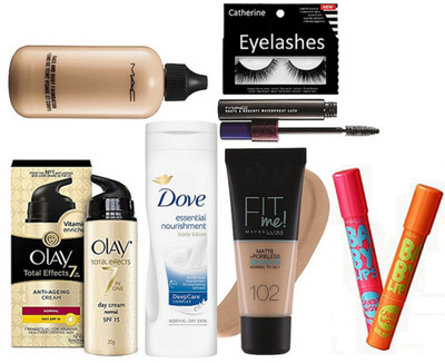 

catherine Eyelashes, Face & Body Foundation, Mascara, Body Lotion, Total 7 in one Cream, Fit Me Foundation, Lip Balm(Set of 7)