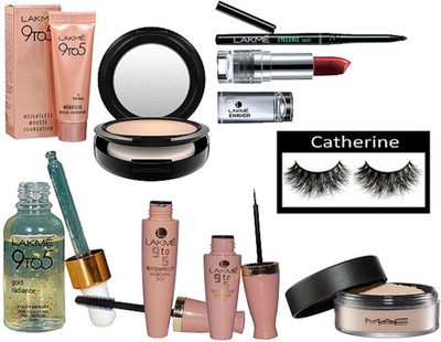 

catherine Eyelashes & Naturale Finish Compact, Loose Powder, 9to5 Mousse, Face Serum, Waterproof Mascara And Eyeliner, Enrich Lipstick, Eyeconic kajal(Set of 9)