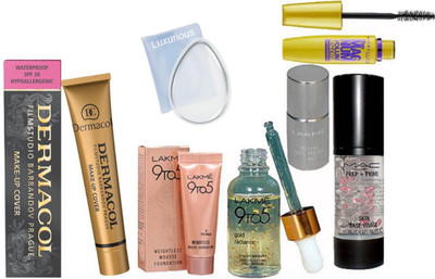

luxurious Silicon puff,Makeup cover Foundation,prep+prime skin base visage primer,the magnum mascara,mirror nail paint,Gold Radiance Face Serum,Weightless mousse foundation(Set of 7)