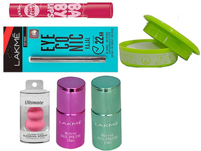 

Ultimate Sponge Puff,Mirror Nail Polish Pack of 2, Eyeconic Kajal, Baby Lips, Nail Polish Remover(Set of 6)