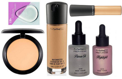 Ellie Silicon Puff With Match Master Foundation & Studio Fix Compact & Prep+Prime Primer Oil & Highlight & Minralize Concealer(Set of 6)