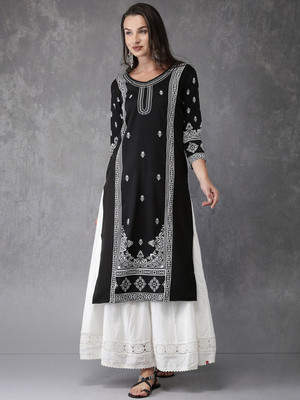 ANOUK Women Printed Straight Kurta(White, Black)