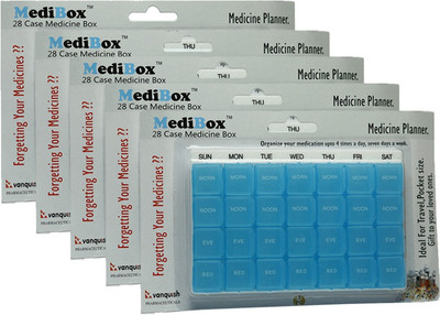 

MediBox 28 Case, Pill Organizer Box with 28 Compartments with Day and Time ( Pack of 5 )_ Medicine Dispenser