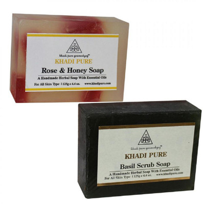 

Khadi Pure Herbal Rose & Honey And Basil Scrub Soap Combo(250 g, Pack of 2)