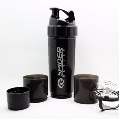 spider Smart Protein Shaker Bottle for gym with 2 Storage Extra Compartment 500 ml Shaker 500 ml Shaker(Pack of 1, Black, Plastic)