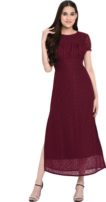vashist Women A-line Maroon Midi/Calf Length Dress