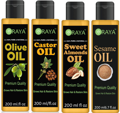 

ORAYA 100% Pure & Natural Castor Oil And Extra Light Olive Oil And Sesame Oil And Sweet Almond Oil-Combo pack of 4 bottle of 200 ml(800 ml) (800 ml) Hair Oil (800 ml) Hair Oil(800 ml)