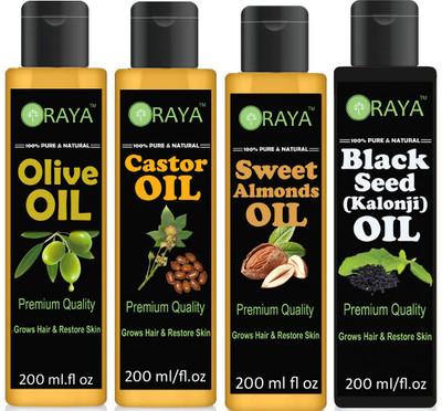 

ORAYA 100% Pure & Natural Castor Oil, Extra Virgin Olive Oil, Sweet Almond Oil, Blackseed ( Kalonji) Oil-Combo pack of 4 bottle of 200 ml(800 ml) (800 ml) Hair Oil (800 ml) Hair Oil(800 ml)