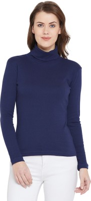 HYPERNATION Solid Women High Neck Dark Blue T-Shirt