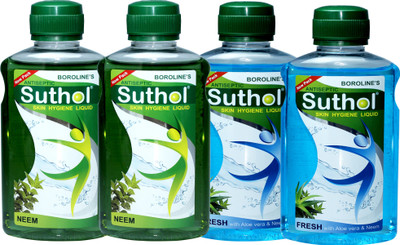 

Boroline's Suthol Neem Liquid Drop 200MLX2 with Suthol Fresh Liquid Drop 200MLX2 Combo Pack of 4 (800ML) Antiseptic Liquid(800 ml, Pack of 4)