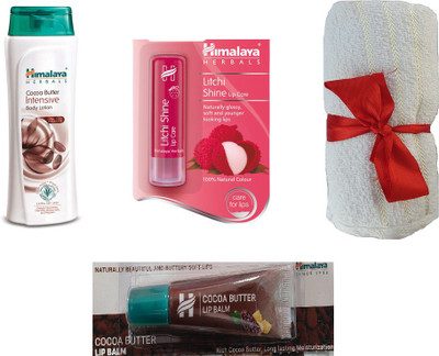 

Himalaya Cocoa Butter Intensive Body Lotion, Litchi Shine Lip Care, Face Towel, Cocoa Butter Lip Balm(Set of 4)
