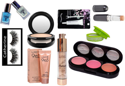 

catherine Eyelashes, Pressed Powder Compact, 3 Shades Blusher, Stick Concealer, Nail Paint 2, Eyelashes Glue, Nail Paint Remover, Mousse(Set of 10)