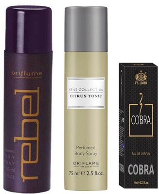 

Oriflame Sweden flam Rebel Body Spray - 75 ml+New men collection citrus tonic body spray-75ml with cobra parfume 10ml {set of 3}(Set of 3)