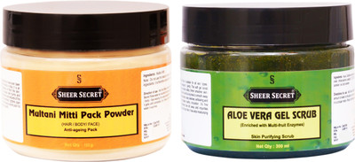 

Sheer Secret Multani Mitti Pack Powder 150gm and Aloe vera Scrub 300ml(Set of 2)