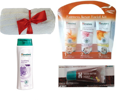

Himalaya Soothing Body Lotion, Fairness Kesar Facial Kit, Cocoa Butter Lip Balm, Face Towel(Set of 4)