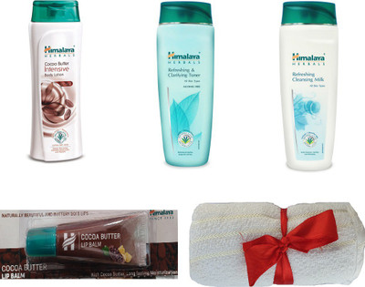 

Himalaya Cocoa Butter Intensive Body Lotion, Refreshing Clarifying Toner, Refreshing Cleansing Milk, Cocoa Butter Lip Balm, Face Towel(Set of 5)