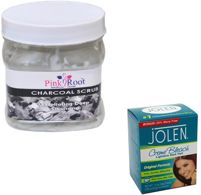 

Pink Root CHARCOAL SCRUB 500GM WITH CREME BLEACH 28GM(Set of 2)
