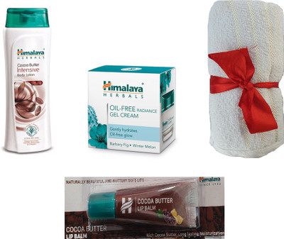 

Himalaya Cocoa Butter Intensive Body Lotion, Oil Free Radiance Gel Cream, Cocoa Butter Lip Balm, Face Towel(Set of 4)
