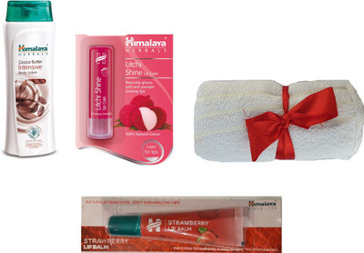 

Himalaya Cocoa Butter Intensive Body Lotion, Litchi Shine Lip Care, Cocoa Butter Lip Balm, Face Towel(Set of 4)