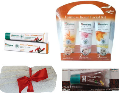 

Himalaya Pimple Cream, Fairness Kesar Facial Kit, Peach Shine Lip Care, Cocoa Butter Lip Balm, Face Towel(Set of 4)