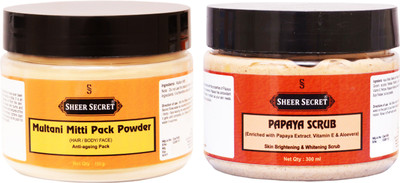 

Sheer Secret Multani Mitti Pack Powder 150gm and Papaya Scrub 300ml(Set of 2)