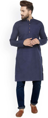 Larwa Men Self Design Straight Kurta(Dark Blue)