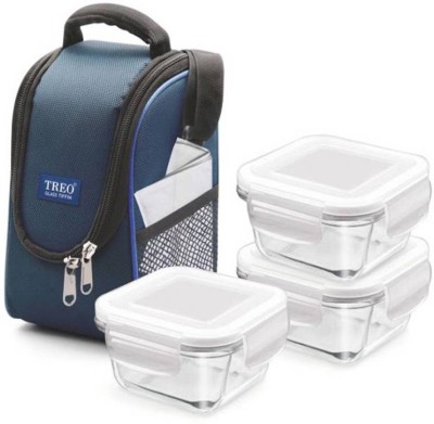 TREO Milton Health First Square Glass Tiffin Box 3 container with Cover (Blue), 300ml 3 Containers Lunch Box(300 ml)